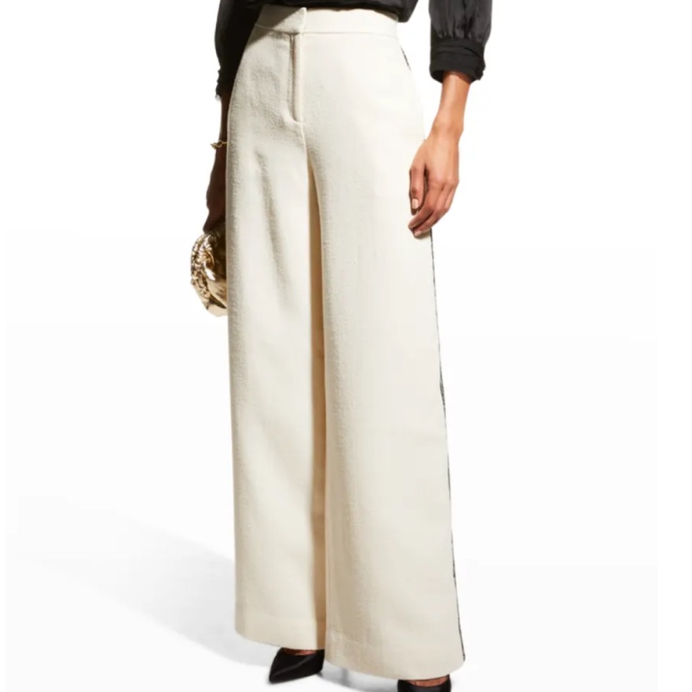 Tory Burch Cara Pant Wide Leg Side Stripe Wool Blend Light Ivory Pants Size 10
